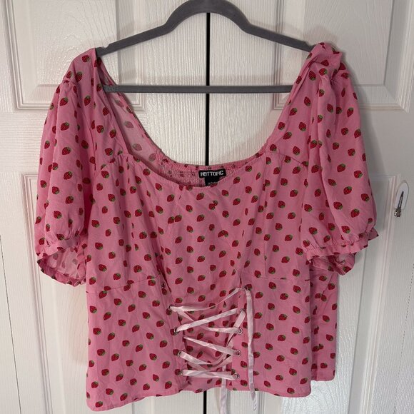 Hot Topic Pink Strawberry Print Lace-Up Corset Crop Top Size 4X - Picture 1 of 5